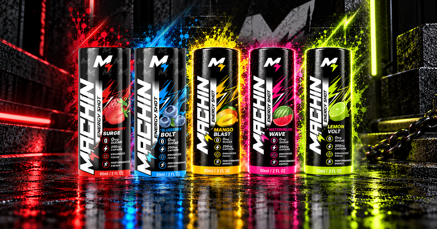 All five Machin Energy Shot flavors