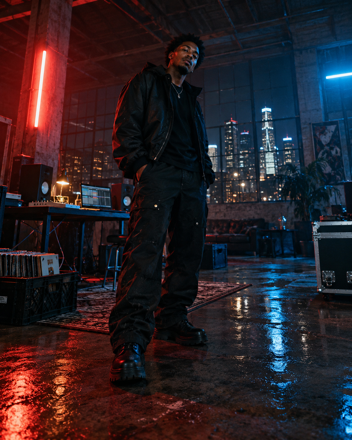Music creator in a downtown studio at night