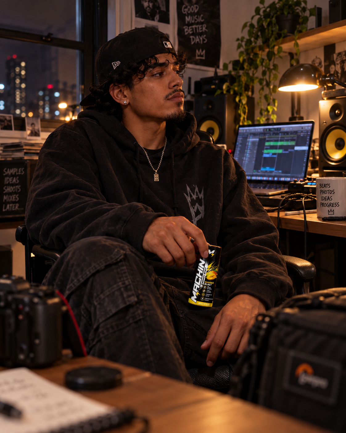 Music creator in a neon downtown studio at night
